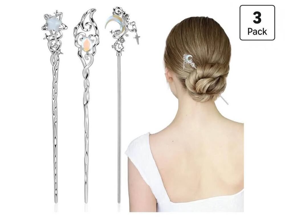 3Pcs Shimmeroo Star Moon Stone Hair Sticks